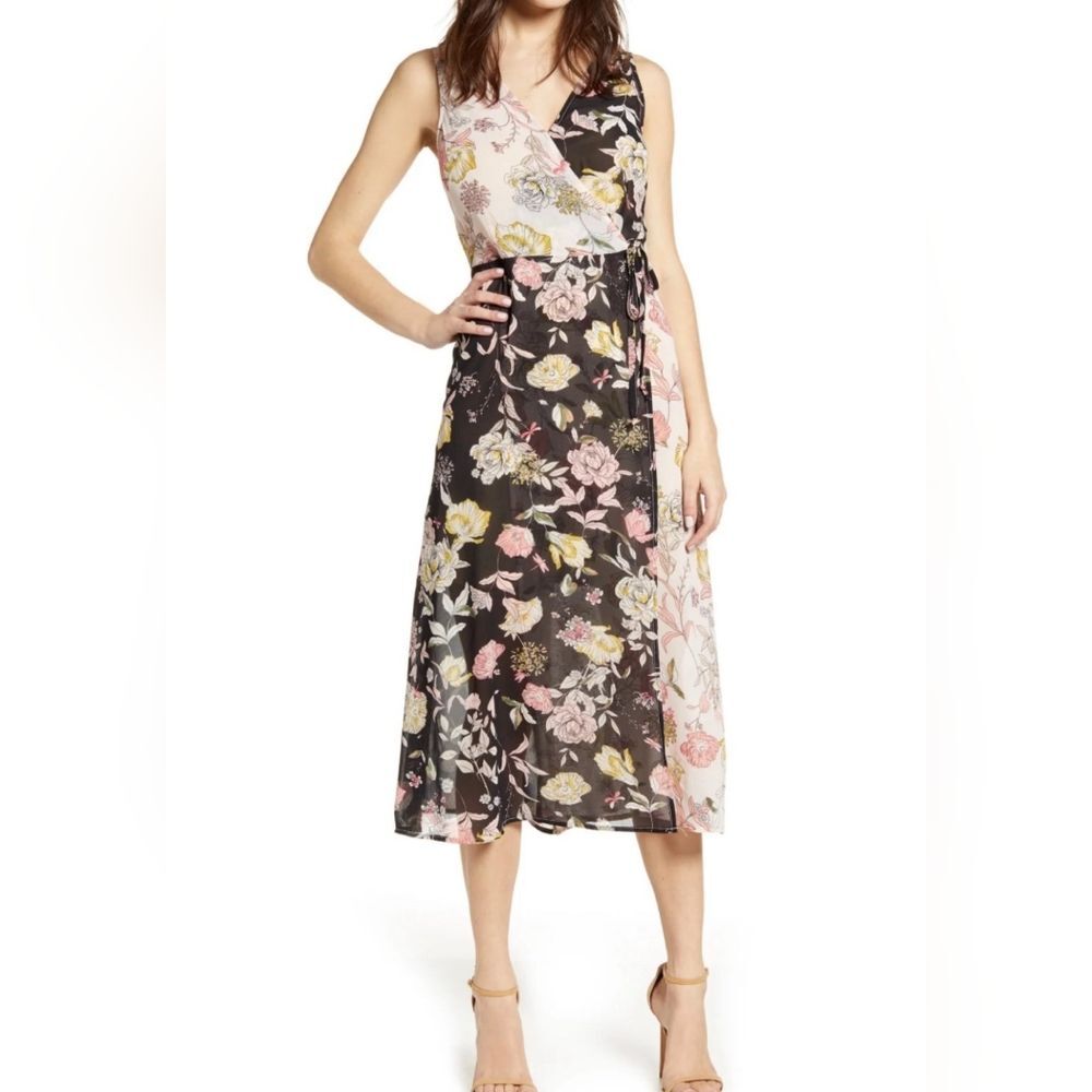 Leith Black Pink Mixed Floral Faux Wrap Midi Dress Size Small